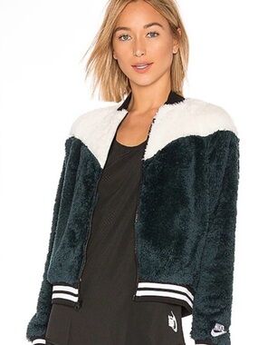 Nike Sherpa Bomber Varsity Fleece Jacket Green Black White Size M